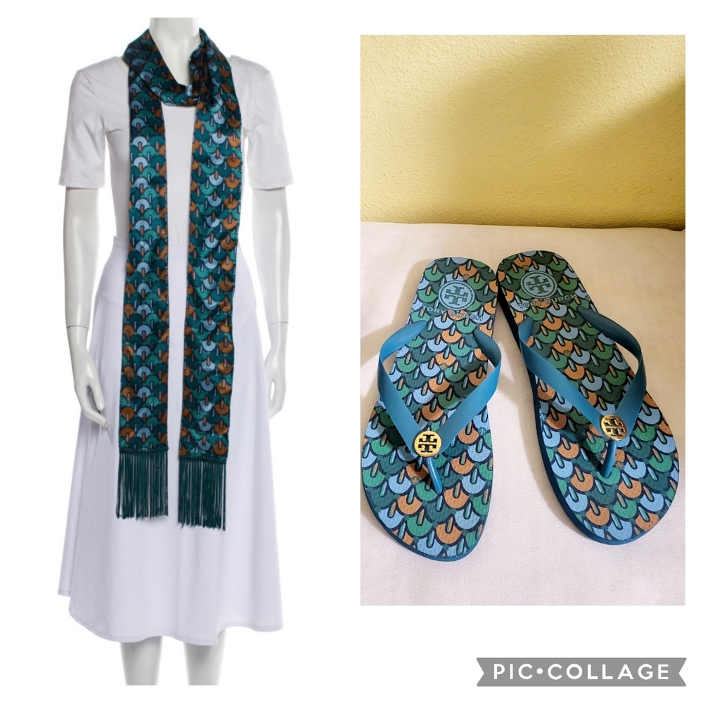 Tory Burch Printed Scarf and Flipflops Set